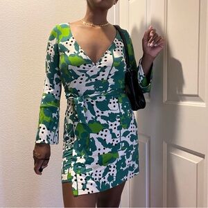 Diane Von Furstenberg Green and White Abstract Wrap Dress
